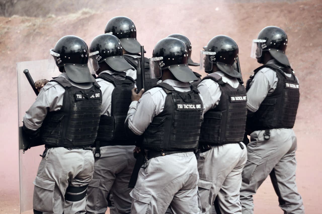 Riot team close-up from behind, TSU Tactical Unit vests, shields, pink smoke
